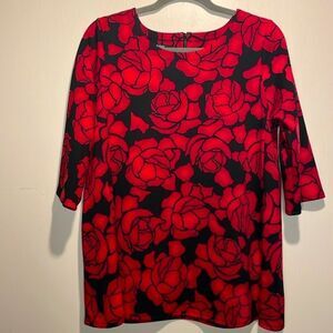 Alfani Woman- Red Roses Print Elbow Length Sleeves Back Zipper Top- Size OX